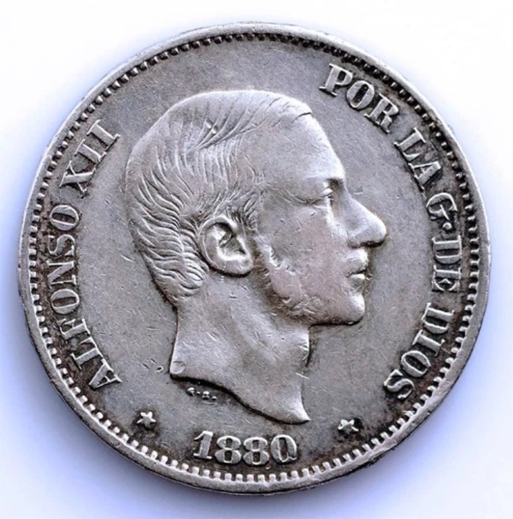 Sc-スペイン-アルフォンソ12世。 50センタイムデペソ。 1880. マニラ シルバー 12.6 G. レア-