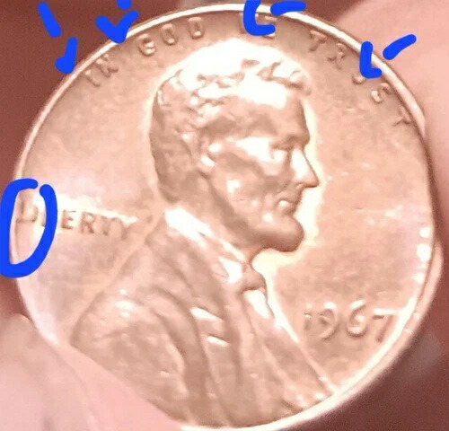 1967年リンカーンペニー ミントマークなし *非常に希少* 縁に「WE TRUST」、縁に「L」