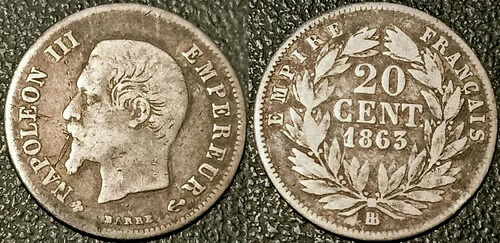 ナポレオン3世 - 20セント銀貨 1863年 BB、ストラスブール 非常に良い / Ttb 希少！ F.148/7 240,570円