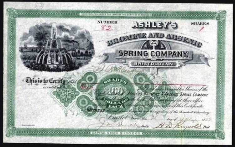 1889年 ブリストル テネシー州 アシュリーズ 臭化物＆ヒ素 スプリングウォーター 希少株券画像