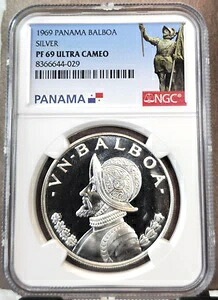 1969年 パナマ シルバー 1 バルボア NGC PF 69 ウルトラカメオキー 非常に希少 トップポップ