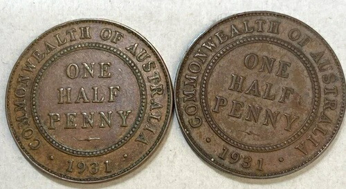 オーストラリア 1931年製ハーフペニー 2枚、1枚は「1」が欠落、1枚は正常、パール8個、希少