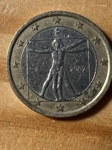 希少な1ユーロ硬貨 イタリア 2002年 レオナルド・ダ・ヴィンチ作「ウィトルウィウス的人体図」