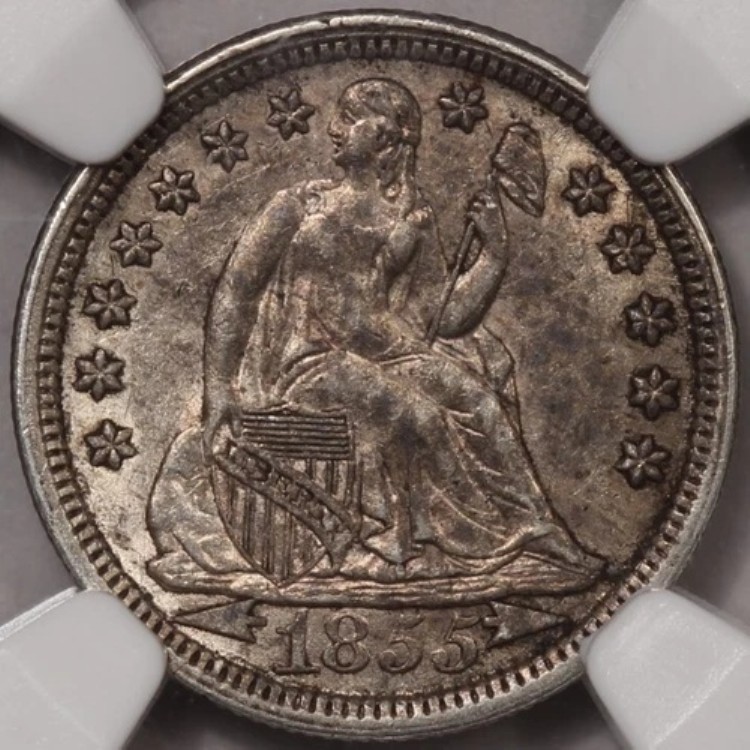 1855 年製 アローズ リバティ シーテッド ダイム NGC AU-58 - オリジナル!