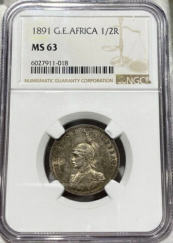 1891年 ドイツ東アフリカ銀貨 1/2ルピー NGC MS63 シルキーな光沢表面 希少｜WORLD RESOURCE【KING店】