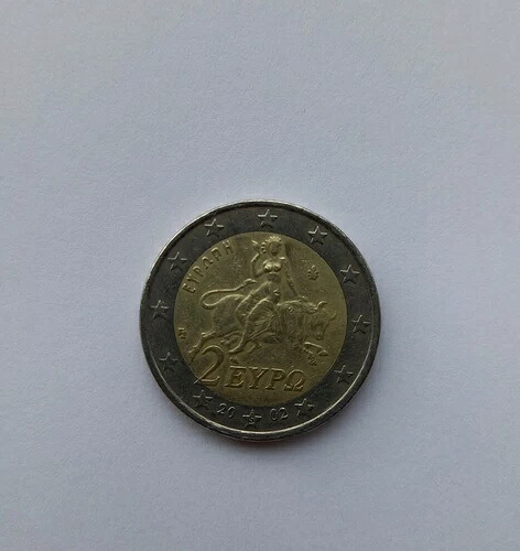 ギリシャの2ユーロ硬貨（希少品、2002年発行、エラー「s」）。コレクターズコイン