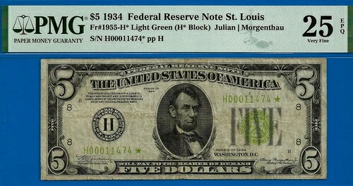 1934年 $5 FRN セントルイススター PMG 25EPQ 非常に希少 11 LGSスター Fr 1955-H