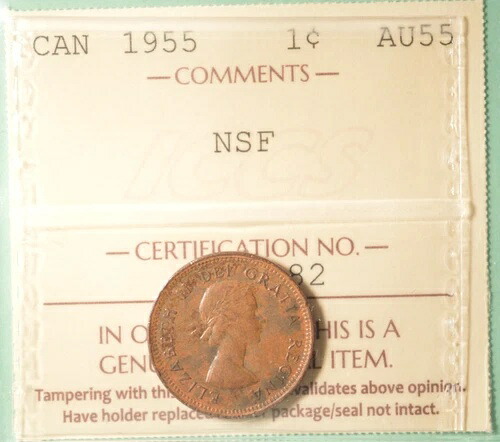 1955年カナダペニー - 希少 - NSFショルダーフォールドなし - ICCS AU-55 シリアル番号 XGY 282｜WORLD RESOURCE【KING店】