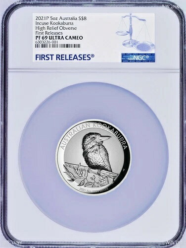 2021年 初刻印 プルーフ 高浮き彫り 5オンス シルバー クッカバラ 8ドルコイン NGC PF69 FR