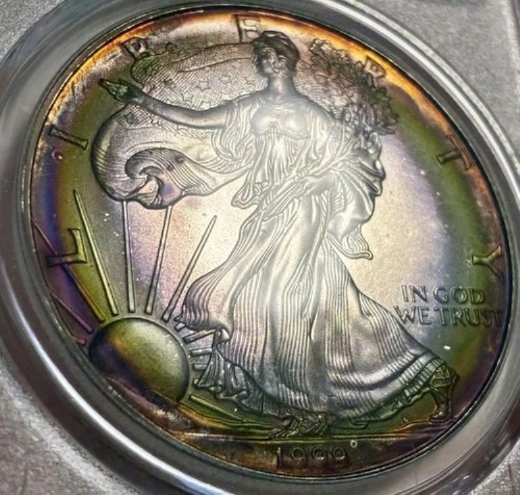 1999 ASE PCGS MS68（非常に希少なフォレストグリーンとパープルのトナー）美しいコイン