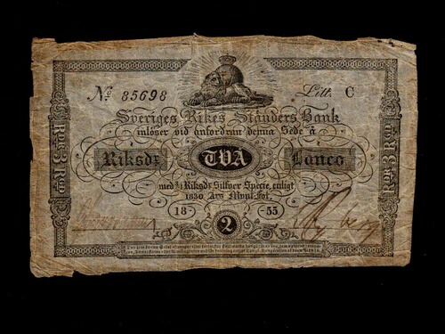 スウェーデン:P-A124b、2 Riksdaler Banco、1855* Sveriges Rikes Stand Bank * レア * F-VF *
