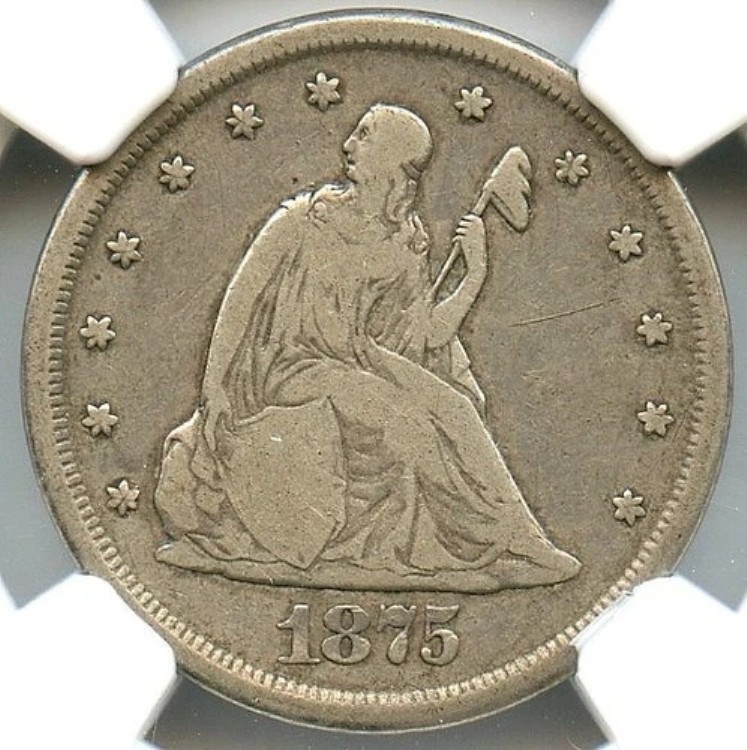 1875-CC 着席した自由の女神像 20 セント硬貨、NGC F-15、素晴らしい外観の希少な CC コイン!