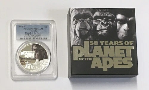 2018年 ツバル 猿の惑星 1ドル PCGS PR 70 50周年記念銀貨画像