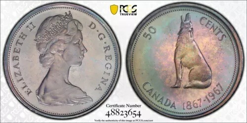 PR66CAM 1967年 カナダ ウルフ シルバー 50セント プルーフ、PCGS トゥルービュー - レインボートーン画像