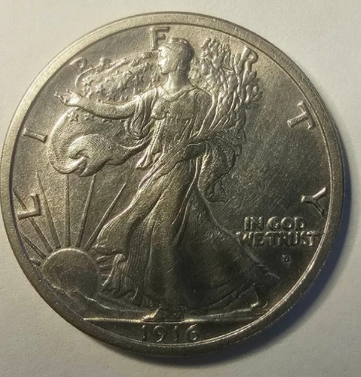 1916-D ウォーキング リバティ シルバー ハーフ ドル ほぼ未使用 プラス-*希少* AU+