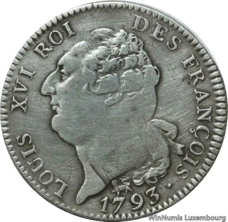 V9691 希少 Ecu 6 Livres Louis XVI 1793 年 5/4 1st Sem A パリ シルバー