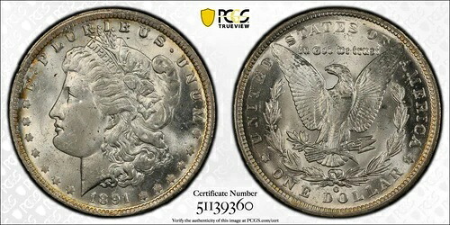 1891-O モルガン銀貨 $1 PCGS ミントステート 63 MS 63 希少キー日付|WORLD RESOURCE【KING店】