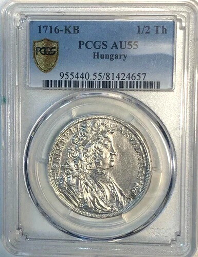 ハンガリー、1716-KB、1/2ターラー、大金貨、希少、PCGS、AU-55、