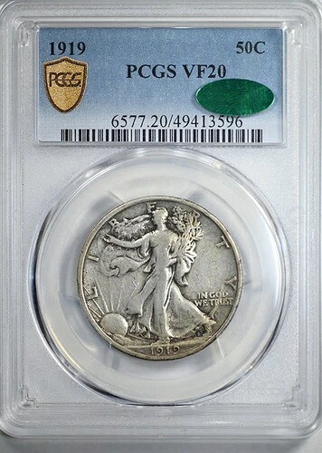 1919年ウォーキング・リバティ・ハーフダラー 50セント PCGS VF20 CAC