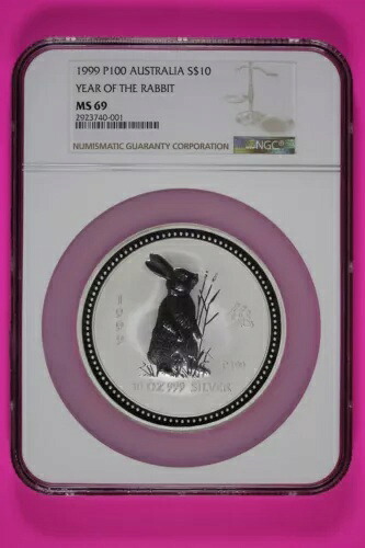 1999年 MS 69 10オンス 銀貨 オーストラリア 卯年 .999 良質 NGC スラブ 7015