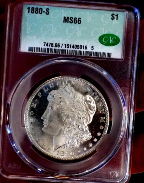 モーガン シルバー ドル 1880 S CAC MS 66 希少コイン PL ローポップ イン CAC ホルダー