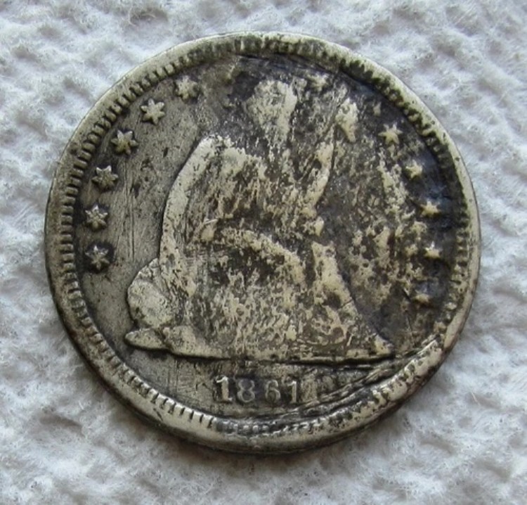 1861-S 着席自由の女神像 シルバークォーター 希少キー日付 美品 VF 損傷・腐食あり