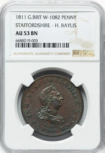 イギリス - 1811 年 ペニー マーチャント トークン - NGC AU53 BN - 希少、3 以上のものはない!