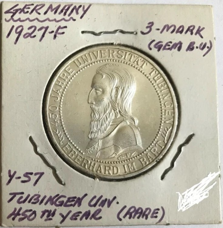 1927-F ドイツ 3マルク 希少銀貨 450th テュービンゲン大学 GEM BU、KM 54