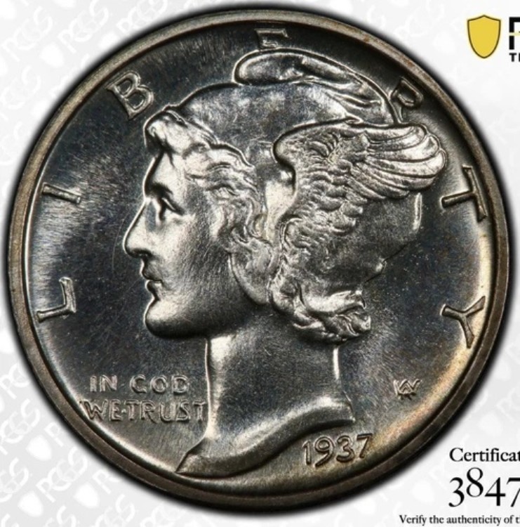 1937年 PR66 マーキュリーダイム PCGS トーンプルーフ トゥルービューゴールドシールド PQ タフレア