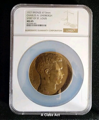 チャールズ・A・リンドバーグ飛行勲章 - 1927年 - E. ブリン - NGC MS65。CB1212