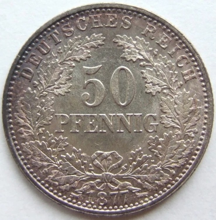 ドイツ帝国銀貨 50 ペニヒ 1877 J 未使用