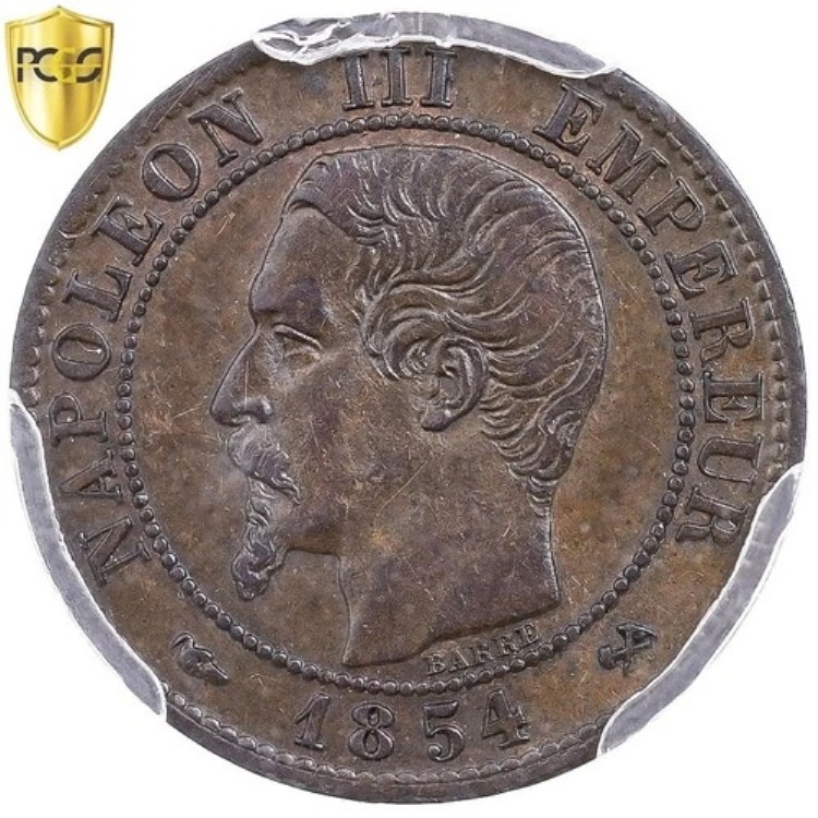 [#909383] フランス、ナポレオン 3 世、1 サンティーム、1854 年、ルーアン、レア、ブロンズ、PCGS、-