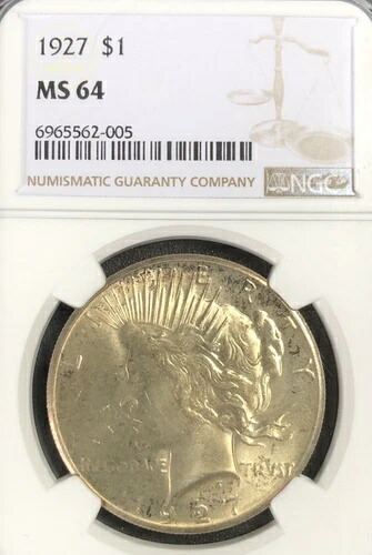 1927年ピースドル「NGC MS64」 - 希少/ハードデート - 発行枚数848,000枚、トーニング??