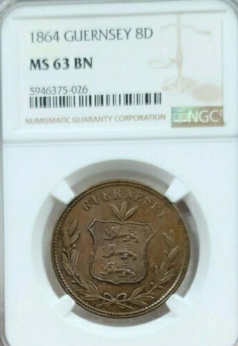 1864年 ガーンジー 8ダブル NGC MS 63 BN 素晴らしい外観の銅製 希少なトップポップ