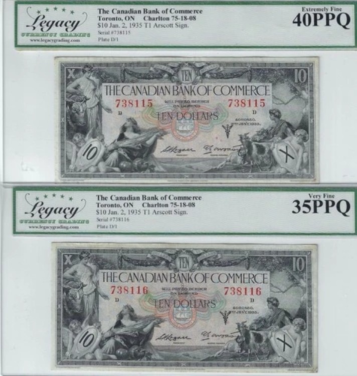 1935年 カナダ バンク・オブ・コマース $5 CH# 75-18-08 レガシー VF-EF PPQ SN# 738115 & 16
