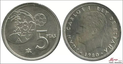 スペイン 5ペセタ 1980 (*81) ワールドカップ / 銀貨 - 6.95グラム / 非常に希少 S/C /
