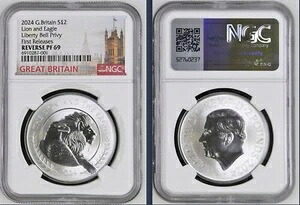 2024年 英国 2ポンド 1オンス ライオンとイーグル NGC リバース PF69 ファーストリリース トータルポップ (6)