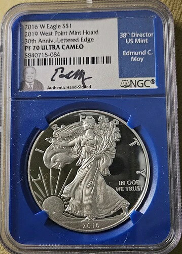 2016 W (2019 Hoard) PF70 シルバーイーグル NGC エド・モイ - ブルーラベル