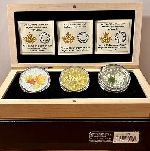 2014年 20ドル 純銀貨 マジェスティックメープルリーフ 3枚セット 翡翠、カラー＆ゴールドPL付き｜WORLD RESOURCE【KING店】