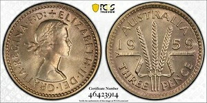 オーストラリア エリザベス2世 - 1959年 プルーフ 3ペンス 3D - PCGS PR67｜WORLD RESOURCE【KING店】