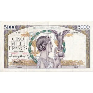 [#809862] フランス、5000 フラン、ヴィクトワール、1942 年、X.1006 680、AU、フェイエット:46.40｜WORLD RESOURCE【KING店】