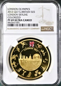 2012年 5ポンド 銀貨＆鍍金 ロンドン 2012 スカイライン PF69 NGC カラー プルーフ 英国