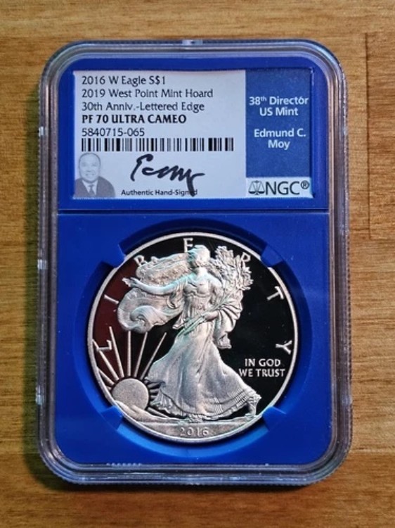 2016-W NGC PF70 シルバーイーグル *2019年ミントホード、30周年記念、レターエッジ* 署名入り モイ｜WORLD RESOURCE【KING店】
