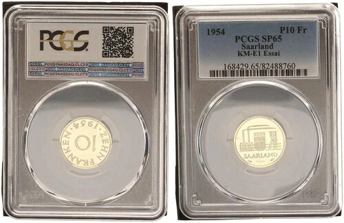 ザールラント 10フラン 1954年 サンプルまたはESSAI PP ポリッシュプレート PCGS SP65 102923