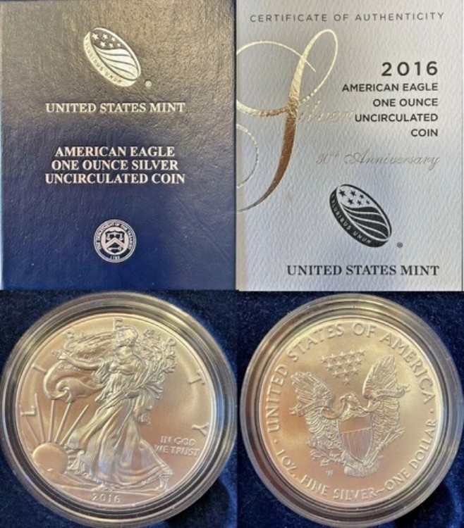 2016-W 米国造幣局 アメリカンイーグル 1オンス 銀貨 未流通 1ドルコイン 箱・保証書付き