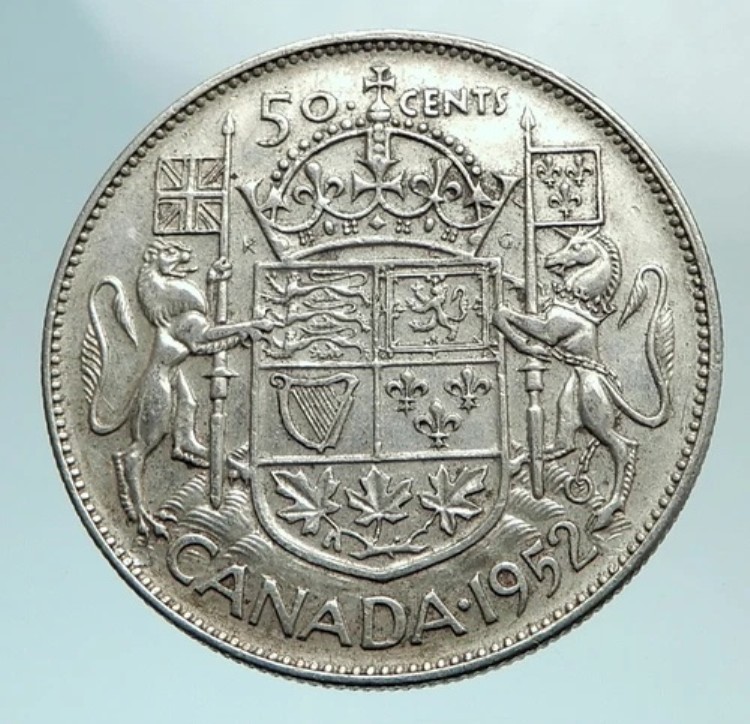 1949年 カナダ 英国 国王ジョージ6世 紋章 大型 銀貨 50セント i79580