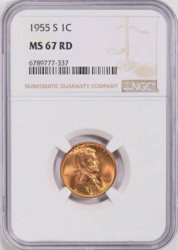 1955-S 1セント リンカーン・ウィート・セント - NGC MS 67 RD