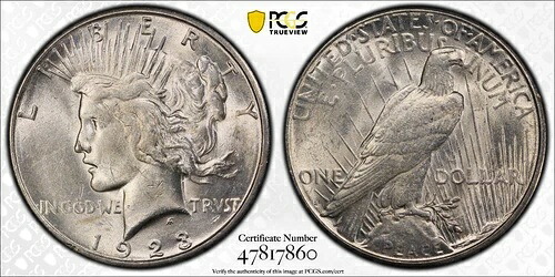1923年 S $1 ピース銀貨 PCGS AU58 ゴールドシールド+TrueView保護