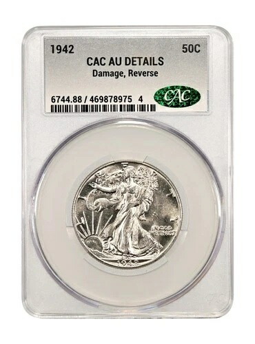 1942年製ウォーキング・リバティ 50セント CAC AU 詳細 裏面にダメージあり。ブラストホワイト。