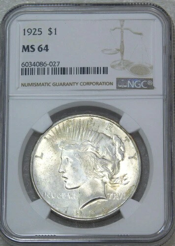 1925年ピースシルバーダラーNGC MS64オリジナルホワイトゴージャスラスターPQ #J642Z